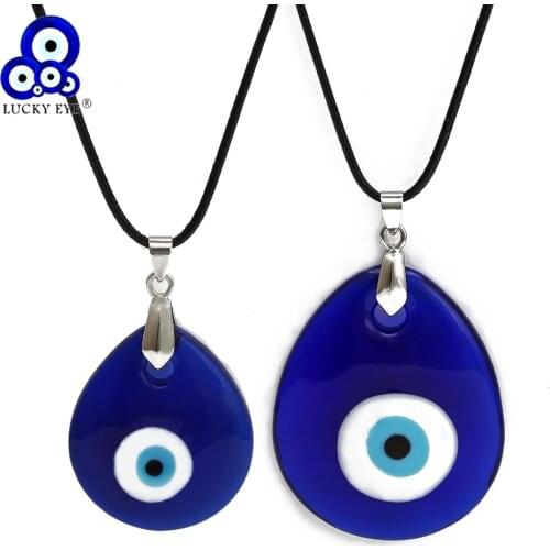 Lucky Eye Water Drop Glass Blue Turkish Evil Eye Pendant Necklace Leather Rope Neck Chain Necklace for Women Men Jewelry BE106