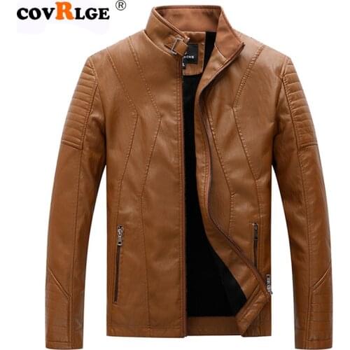 Covrlge 2019 Fashion Autumn Male Leather Jacket Plus Size 4XL Black Mens Stand Collar Fleece Coats Leather Biker Jackets MWP055
