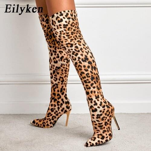 Eilyken Winter High Quality Pointed Toe Leopard Grain Over Knee Boots Sexy Thin High Heel Shoes Ladies Outdoor Thigh High Boots