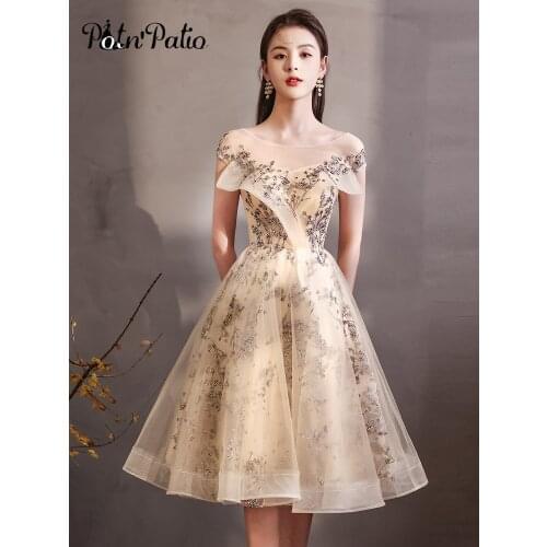 Elegant Short Prom Dresses 2021 Boat Neck Glitter Tulle Champagne Junior Graduation Party Gowns