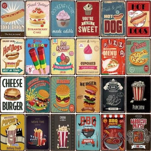 [ Kelly66 ] Food Hot Dogs Hamburger Pizza Barbecue Metal Sign Tin Poster Home Decor Bar Wall Art Painting 20*30 CM Size F-03
