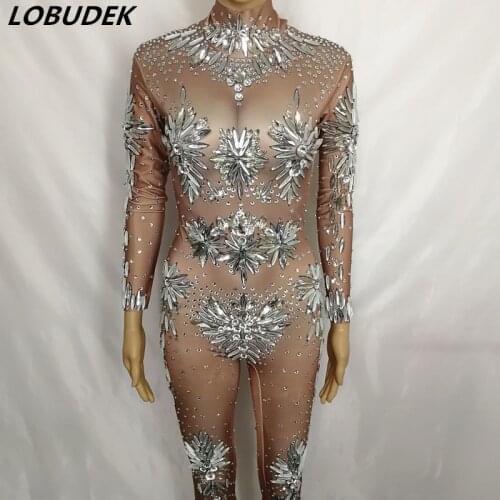 Sexy Nude Color Rhinestones Jumpsuit Long Sleeve Stretch Glass Crystals Skinny Rompers Female Club Bar Luxury Stage Wear Costume