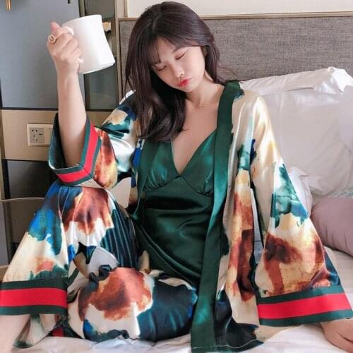 3Pcs Sexy Women Trouser Suits Pajamas Set Kimono Cardigan Silk Satin Sleepwear Home Clothing Sleepwear Lounge Pyjamas Lingerie