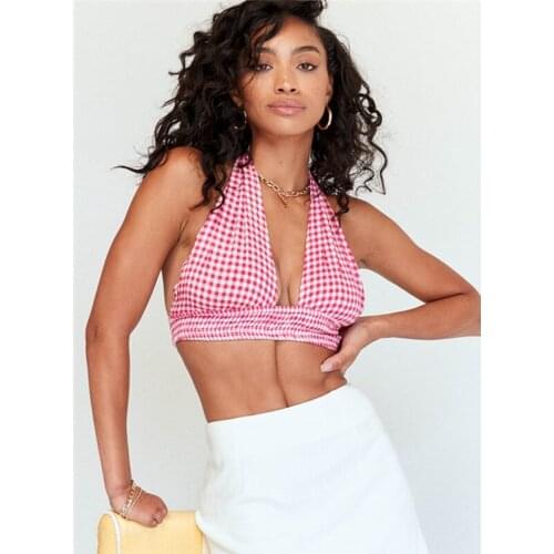 Women Halter Crop Tank Tops Casual Sleeveless Backless Plaid Print Knot Tie Camisole Female Skinny Clubwear Summer Camis