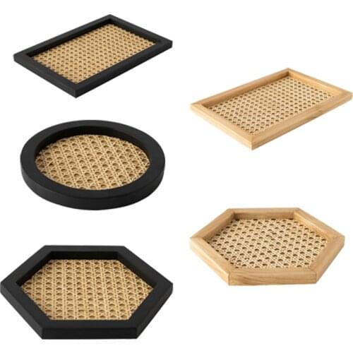 LBER 1PC Home Nordic Rattan Woven Tray Wooden Handmade Ins Wind Rectangular Geometric Ornament Key Storage Tray