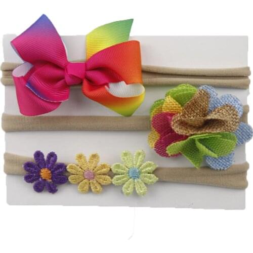 Fashion 3pcs/lot Hair Bows Flower Baby Kids Nylon Headband Girls Newborn Headwear Hair Accessories Sets Photo Props Gifts
