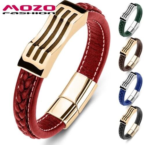 MOZO FASHION Stainless Steel Charm Magnetic Multi Color Men Bracelet Genuine Leather Braided Trendy Unisex Jewelry Gifts 014