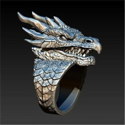 New retro goth punk male ring domineering dragon hip hop silver color ferocious dragon head ring motorcycle party gift jewelry