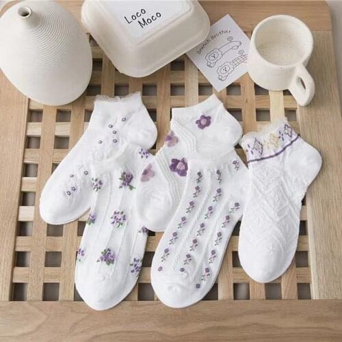 5 pairs Cute Jacquard Purple Floral Lace Lady Girls Short Socks Lovely Cotton Women Ankle White Invisible Student Sox Cheap