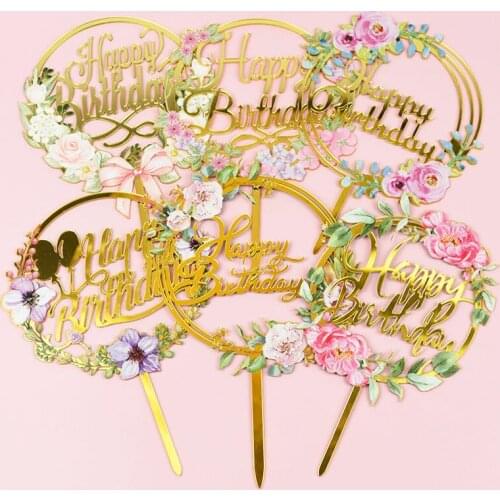 New Happy Birthday Acrylic Cake Toppers Gold Birthday Rose Flowers Cake Topper Decor Baby Shower Birthday Party Cake Decoration