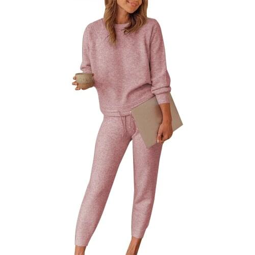 Pajamas Solid Color Outfits Set Female Long Sleeve Crew Neck Pullover and Pants Suits Pijamas Women Casual Pyjamas