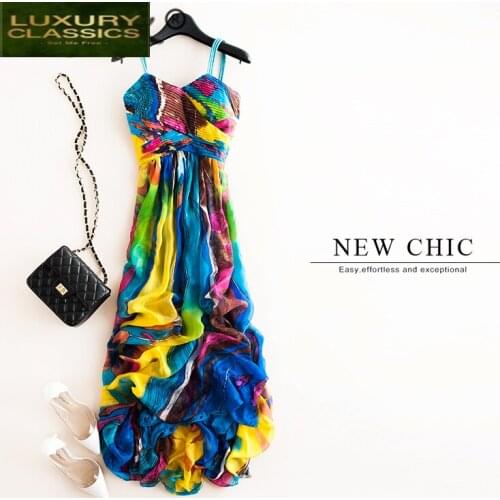 Real Silk Dress 100% Women Strapless Maxi Dresses Summer Beach Party Elegant Ladies Dresses Floral Vestidos Verano 2021 W