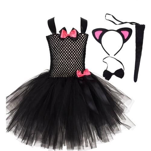Adorable Girls Little Cat Cosplay Costumes with Ear and Tail Children Birthday Party Black Sexy Tutu Dresses for Girl Bow Frocks