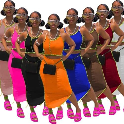 Distressed Neon Women Skirt Set Spaghetti Straps Crop Top + High Waist Slit Skirt 2021 Summer Club Party Tracksuit 2 Piece Set