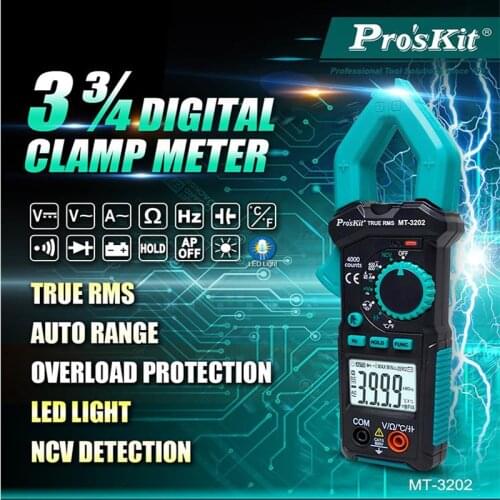 ProsKit MT-3202-C DC/AC automatic range 3-3/4 LED lighting non-contact measurement digital clamp meter NCV Ohm voltage tester