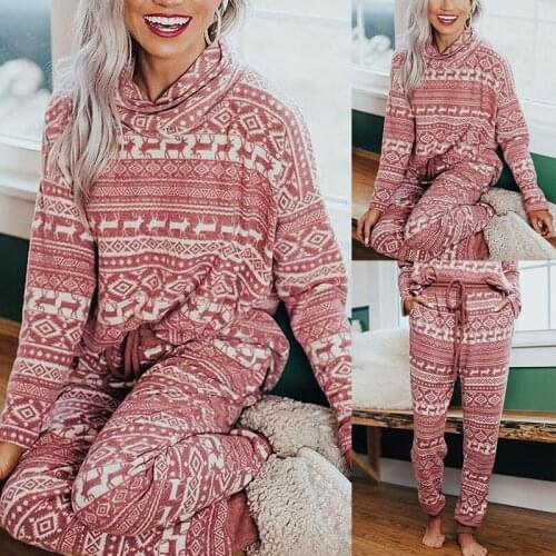 Christmas Winter Warm Pajama Sets Snow Deer Print Long Sleeve Turtleneck Tee Shirt Tops High Waist Loose Causal Pants Home Wear