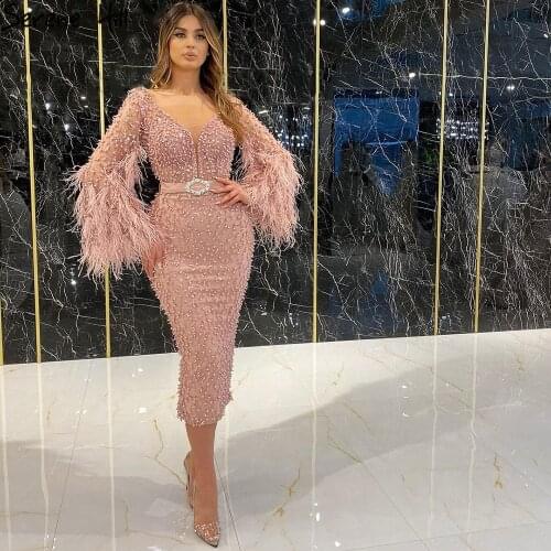 Serene Hill Pink Luxury Beaded Feathers Evening Gown 2021 Mermaid Elegant Tea Length For Women Formal Party Dress CLA71205