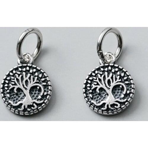 925 Sterling Silver Pretty Tree Pattern Round Dangle Charms 8.5mm Decoration S925 SIlver Necklace Pendants DIY Jewelry Findings