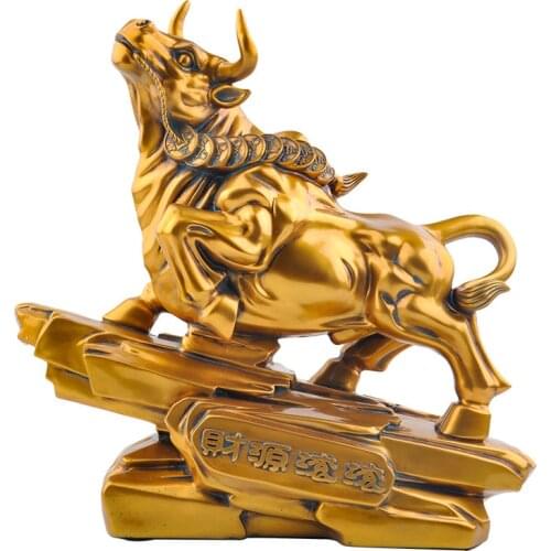Resin golden lucky bull statue，Modern art imitation bronze bull ornament，Home living room loft office decoration statue