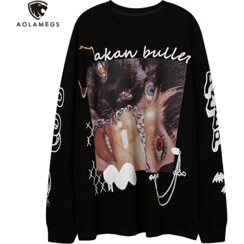 Aolamegs Sweatshirt Men Hit Color Letter Illustration Print Pullovers High Street Hipster Couple Tops Loose Soft Cozy Streetwear