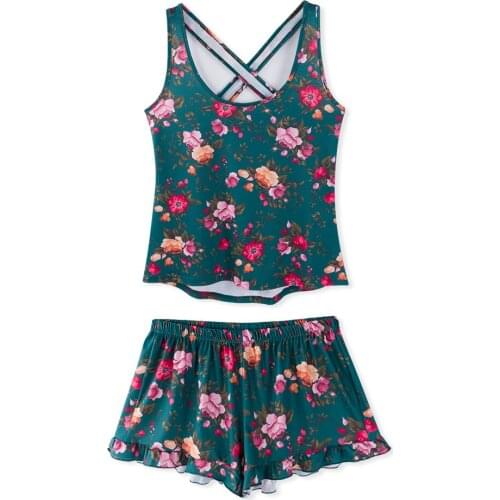 Neatie kiddie Home Night Sleepwear Floral Print Women Pajams Sets Cross Back Sleeveless Tank Tops Loose Shorts Female Clothes