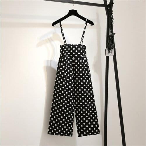 2019 New Summer Fashion Women Chiffon Wide Leg High Waist Lady Pants Straps Casual Suspenders Slim Black Dot Pant Trousers WZ776