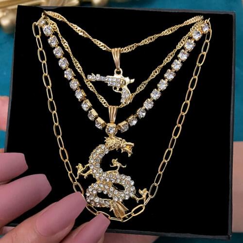 Flatfoosie Punk Pistol Rhinestone Pendant Necklace for Women Multilayer Crystal Dragon Choker Necklace Statement Jewelry Gift