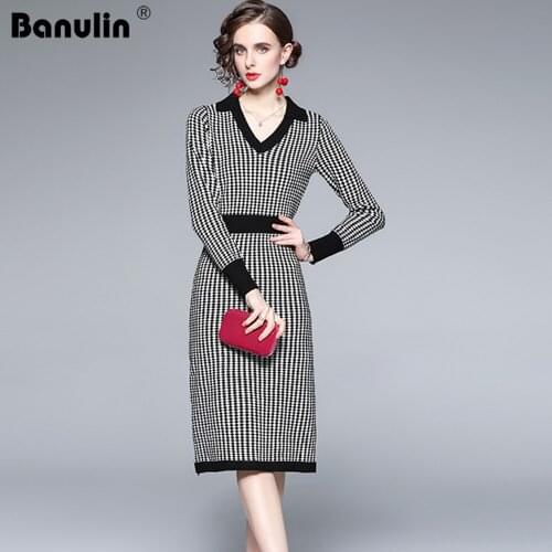 Banulin 2021 New Autumn Women Elegant V-Neck Vintage Houndstooth Sweater Dresses Ladies Runway Jacquard knitting Dress