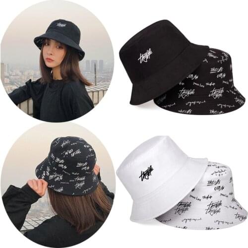 2021 Summer Double-sided Bucket Hat Women English Letter Panama Sun Fishing Hat Fisherman Cap for Boys/Girls Bob Femme Gorro