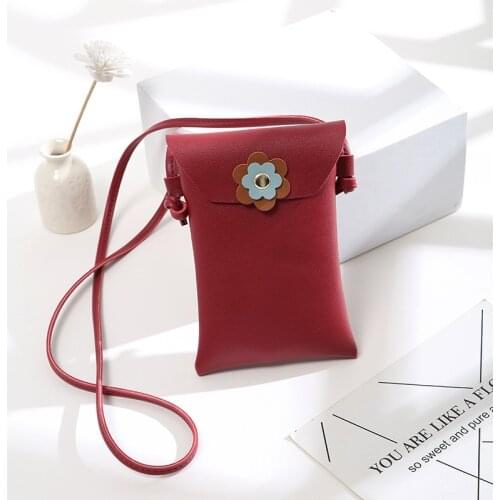2021 One Shoulder Messenger Mobile Phone Bag Female Fashion Simple Flower Decoration PU Material Soft Vertical Square Coin Purse