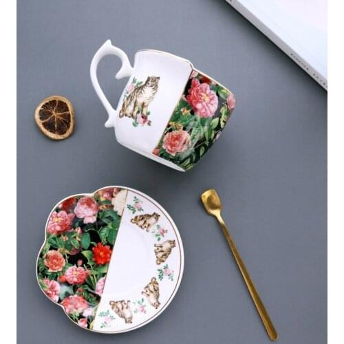 5 Inch Tiger Flower Coffee Cup Set,Retro Luxury Golden Trim Mug with Dish Funny Afternoon Ceramic Irregular Tea Tumbler