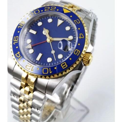 BLIGER Blue 40mm Mechanical Wristwatch Men Sapphire Glass GMT Date Jubilee Band Rotating Bezel