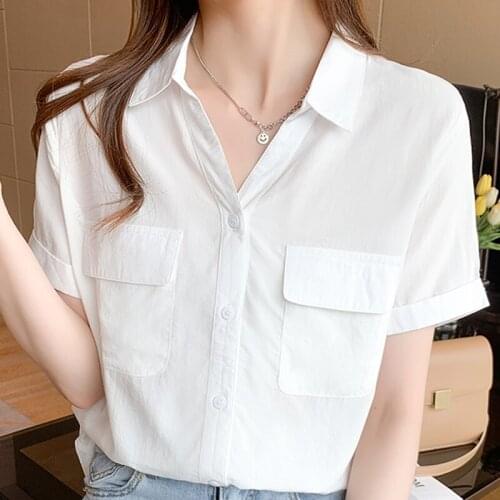 Blouses Top Femme White Blouse Short Sleeve Blouse Women Blusas Mujer De Moda 2021 Verano V-Neck Chiffon Blouse Shirt Tops E861