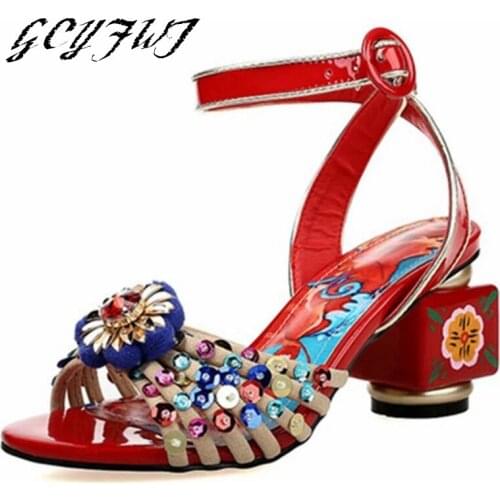 Women Sandals Buckle Vintage Color Printed Leather Ladies Shoes Summer Flower Rhinestone Round Head Open Toe Sexy Tenis Feminino