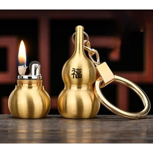 Pure Copper Gourd Keychain Pendant Kerosene Lighter Personality Vintage Grinding Wheel Retro Portable Gourd Ornaments Briquet