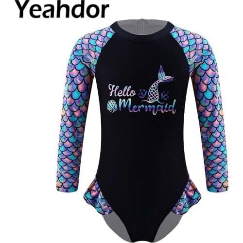 Kids Girls One-piece Swimwear Long Sleeves Fish Scales Letter Print Ruffle Trim Back Zipper Bodysuit Beach Swimming Bathing