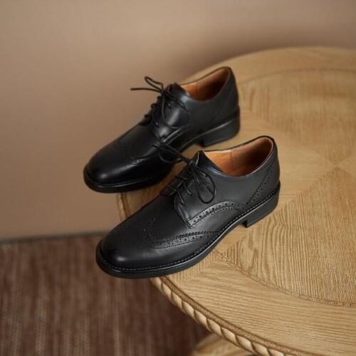 GUIDIBASICFashion2021 Womens Shoes Genuine Leather Loafers Brogue Round-Headed Low-Heeled Beef Tendon Outsole D20-Dawang1323