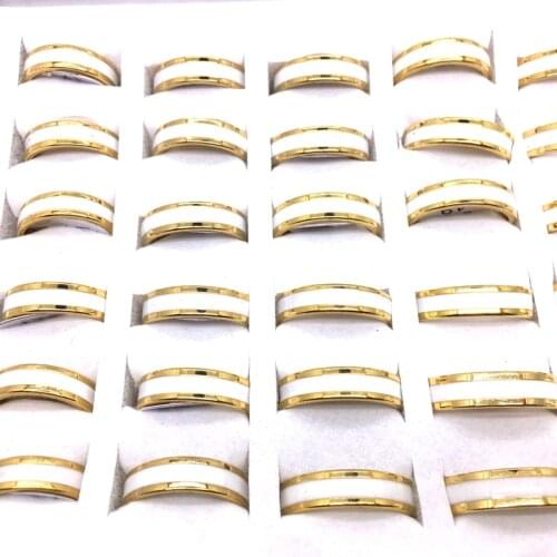 MixMax 36PCs Golden Enamel Men Women Stainless Steel Rings Wide 6MM Band Fashion Jewelry Wholesale Lot