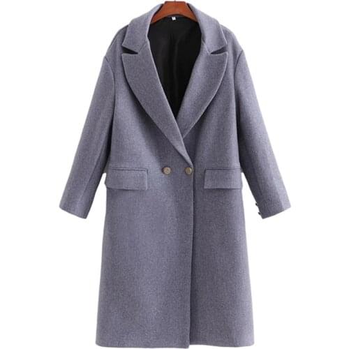 Nice Vintage Woman Loose Haze blue Long Woolen Coat Autumn-Winter Vogue Ladies Thick V Neck Jacket Female Elegant Soft Outwear