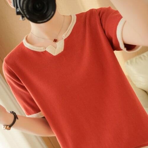 Summer Womens Sweaters Female Pullover Casual V-Neck Short Sleeve 100% Cotton Knitted Tops Pull Femme Clothing Soft Jumper Wild