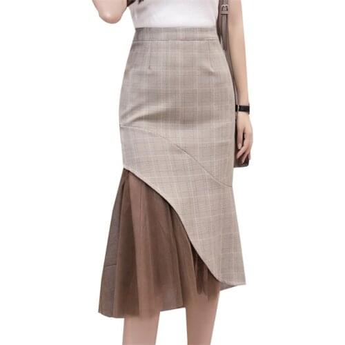 Gowyimmes Summer Fashion All-match Women A-Line Skirt Slim Autumn Lady High Waist Mesh-up Skirts Girl Midi Long Plaid Skirt P052