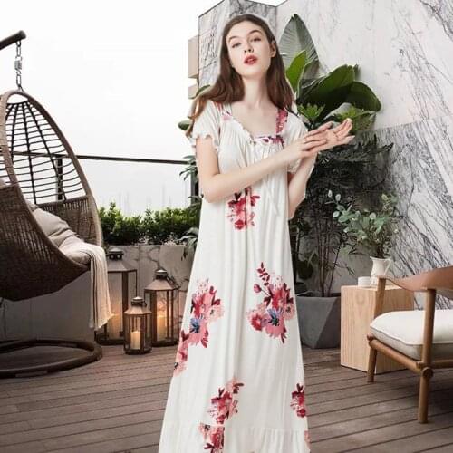 Summer Women Short-sleeved Nightdress Modal Long Nightgown Floral Plus Size Skin-friendly Night Dress Loose Princess Sleepshirts