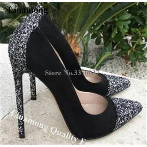 Linamong Bling Bling Glitter Pointed Toe Patchwork Stiletto Heel Pumps Slip-on Sequined Mixed-colors High Heels Dress Shoes