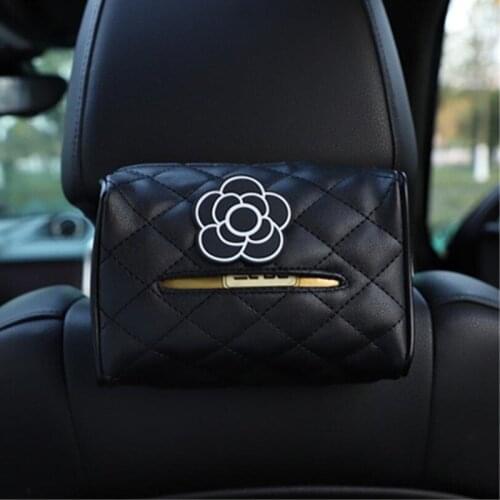 Fashion Camellia Leather Tissue Box Creative Car Tissue Box Car Interior Seat Back Armrest box Multi-function Paper Tray