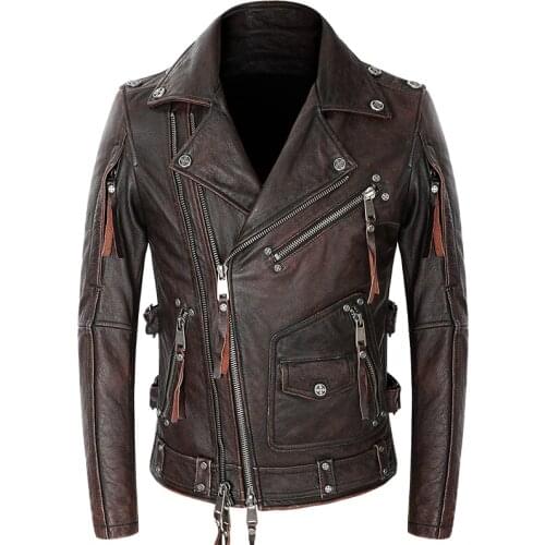 Genuine Mens Vintage Jacket 100% Cowhide Motorcycle Biker Coat Punk Rock Zipper Real Leather Moto Riders Jackets