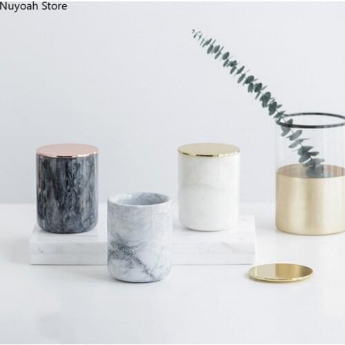 Nordic Style Marble Storage Jar Candle Cup with Rose Gold Lid Storage Cup Household Storage Jar Bathroom Decoration Accessories