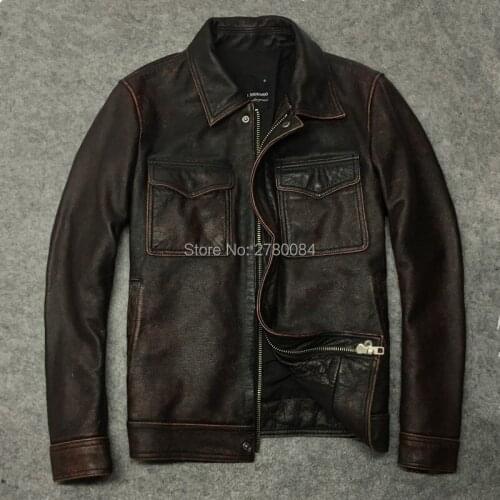 Gu.seemio genuine leather jackets men do the old style cowhide cow skin leather real over coat natural animal outer wear