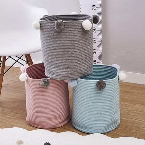 Nordic Style Cotton Rope Knitted Pom Pom Decoration Laundry Basket Kids Toy Storage Bucket Sundries Organizer