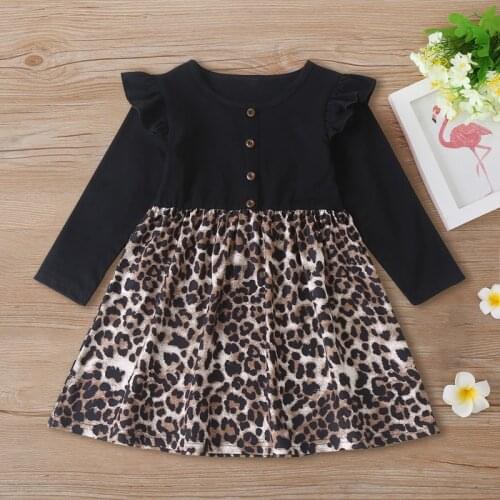 New Fashion Baby Girl Dress Buttons Flying Long Sleeve Patchwork Leopard Print Party Birthday Dress Toddler Girl Clothes 1-6Y