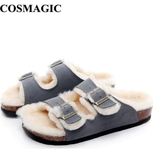New Unisex Plush Cork Slippers 2021 Women Casual Double Buckle Nubuck Leather Non-slip Men Outside Slides Shoe
